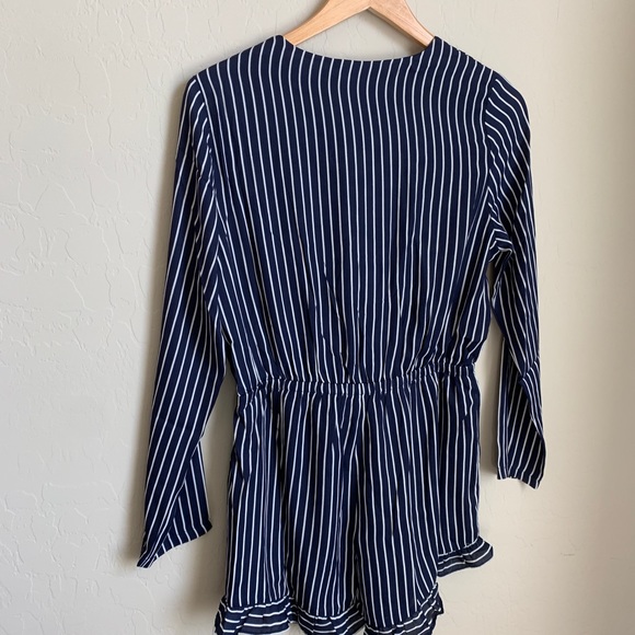 Navy Striped Romper w/ Deep Neckline and Bow - Picture 7 of 8
